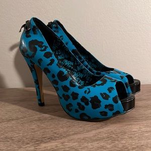 Iron Fist turquoise leopard peep toe high heels